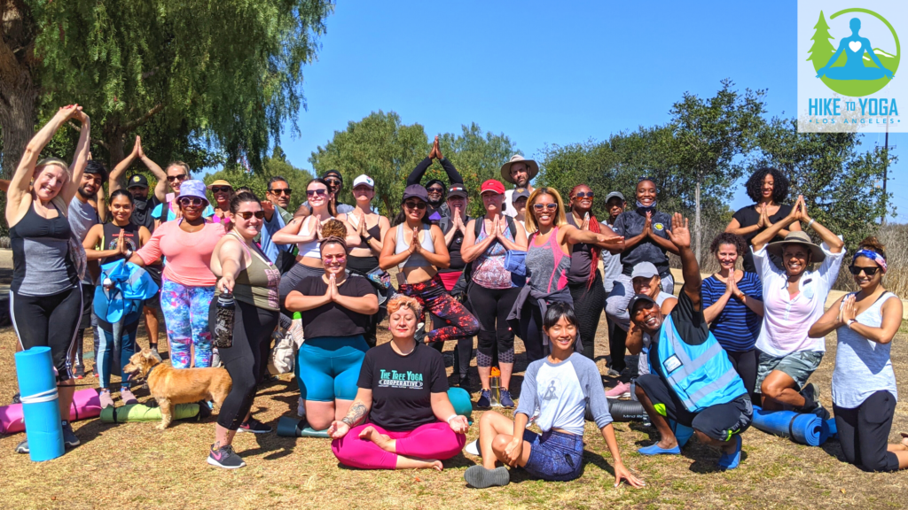 Hike To Yoga Los Angeles group outdoor picture featuring people of different ethnic backgrounds who participated in a yoga class.